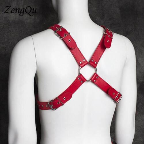 Fashion Sexy Men Lingerie red faux leather Adjustable harness for chest costume metal pin buckled strap belt