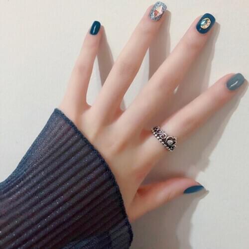 Ins light and dark blue hit pure color with designs 3d fake nails Japanese short size lady full nail tips bride false nails