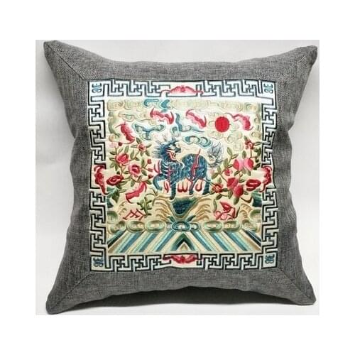 New Chinese style ethnic style linen patch unicorn pattern embroidery hug pillowcase cushion cover