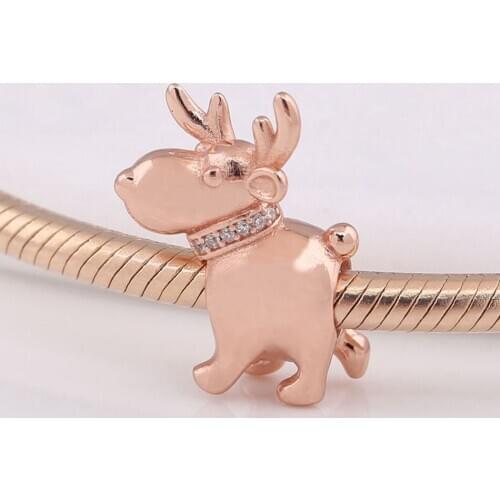 Authentic S925 Silver Rose Reindeer With Crystal Animal Bead Charm fit Lady Bracelet Bangle DIY Jewelry
