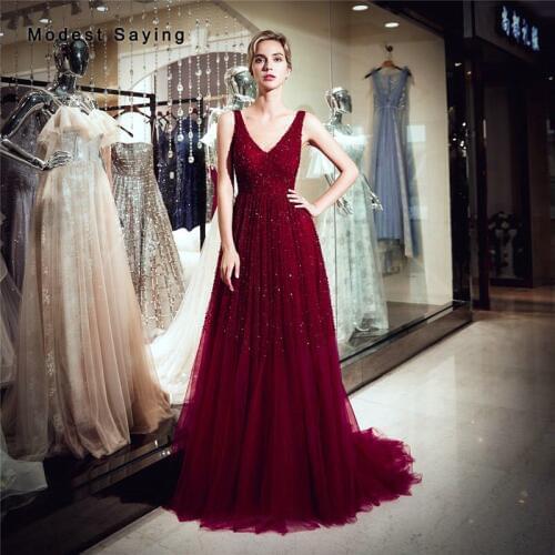 Luxury Dark Red A-Line Plunging Neck Evening Dresses 2019 with Dense Beading Formal Beaded Sparkly Engagement Party Prom Gowns