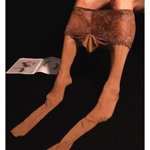 Sexy Men 2 in 1 Lace Underwear Stocking Plus Size U Convex Pouch Stockings COCkring Open Close Sleeve Gloosy Shiny Sexy Tight 18