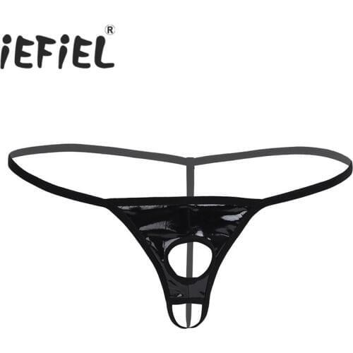 IEFiEL Sexy Patent Leather Men Lingerie G-string Bikini Underwear Underpants with Penis Holes Gay Male Underwear Leather Panties