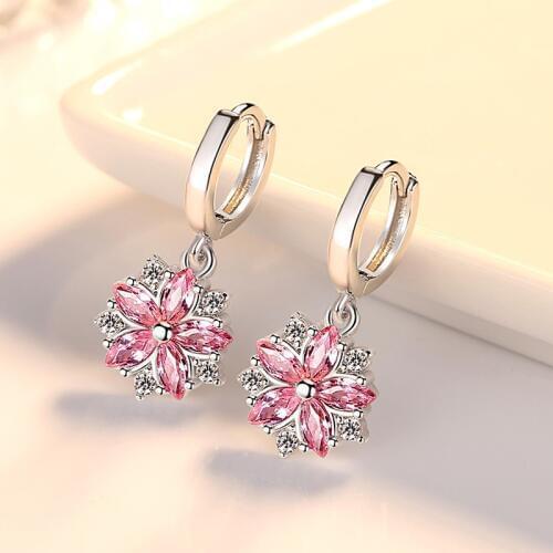 New Fashion Women Earrings Trendy Cute Pink Flower Round Pendant AAA Cubic Zircon Earings Wedding Party Jewelry Gift Accessories