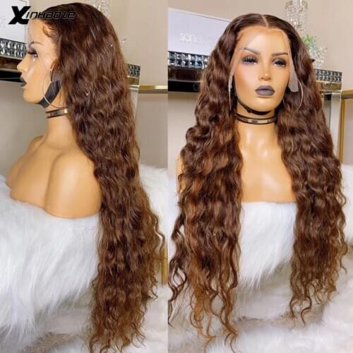 Dark Brown Lace Front Human Hair Wigs Brazilian Water Wave 13x6x1 Lace Frontal Wig Pre Plucked With Baby Hair Bleached Knots