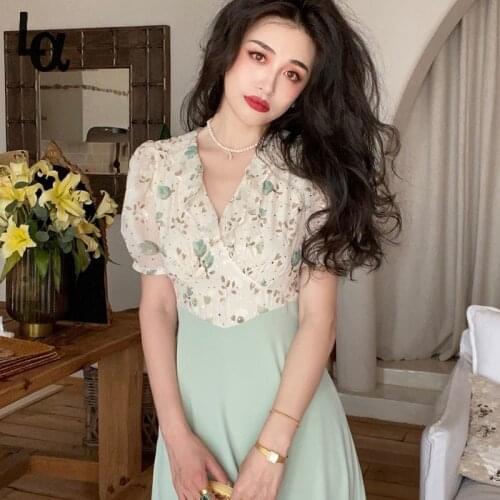 Luck A One Piece Dress Korean Short Sleeve Thin Elegant Dresss Women Casual Floral Printed Midi Dress Office Lady 2021 Summer