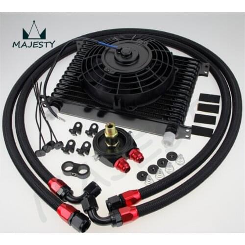 Universal 15 Row engine Transmission 10AN Oil Cooler kit +7" Electric Fan Kit BK