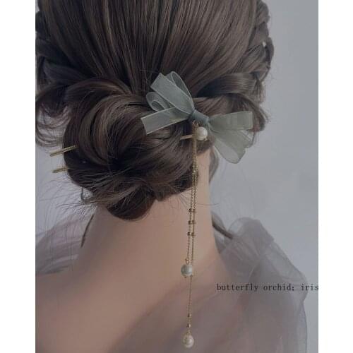 Vintage Chiffon Bow Hair Stick Pick Natural Wooden Sandalwood Chopsticks Ethnic Hair pin Women Hairpins Jewelry Hair Accessories