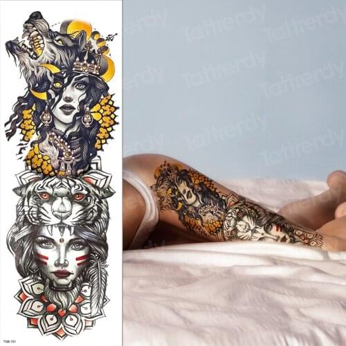 Temporary thigh tattoos wolf girl moon forest large tattoo mens fake arm shoulder tattoo oversleeve legs body sticker waterproof