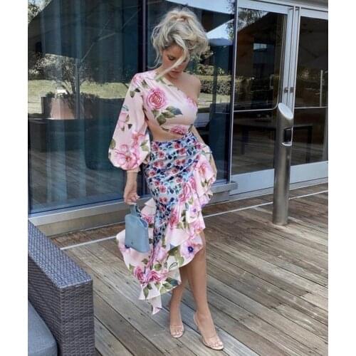 High Quality Printing Bandage Two Pieces Sets Elegant Sexy One Shoulder Hollow Out Womans Set Celebrity Party Wear Vintage Vesti
