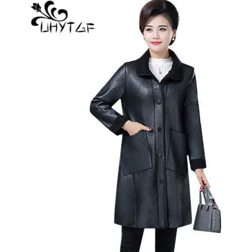 UHYTGF Quality PU leather autumn winter leather jacket women elegant mom plus size coat plus velvet warm casual coats female 669