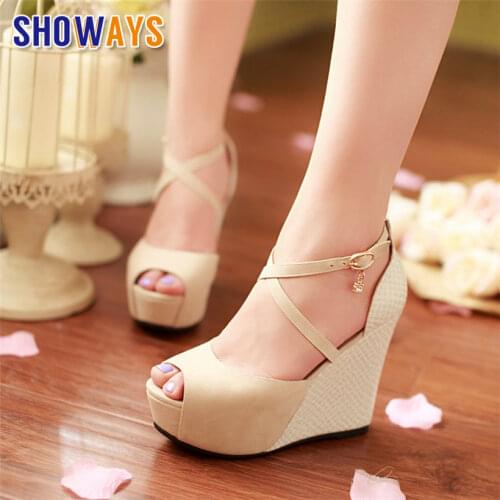 Plus Size Women Platform Sandals High Thick Heels Black Beige Blue PU Casual Party Buckle Strap Peep Toe Lady Summer Wedge Shoes