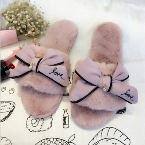 Dropshipping Famous Brand Fur Flip Flops Sweet Lace Bow Fur Slides Women Designer Winter Sandals Warm and Cozy Home Slippers