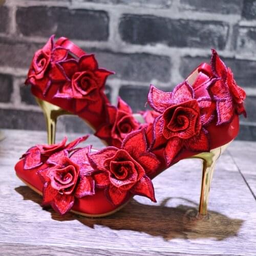 Womens Pointy Toe 3D Flowers Embroidery Stilettos High Heel Wedding Bridal Shoes Princess DIY Red Retro Vintage