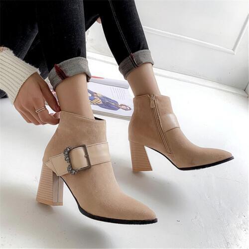 Women Ankle Boots Winter Suede High Heels Boots Ladies Fashion Pointed toe Gladiator Black Leather Shoes For Woman Plus Size 42