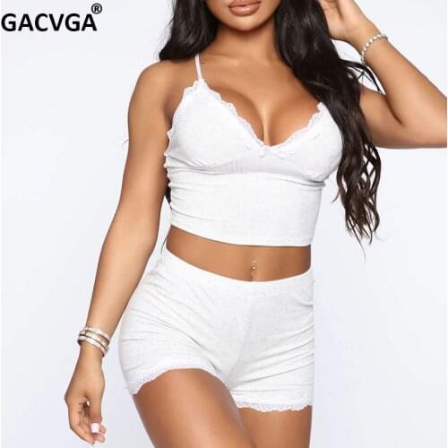 GACVGA White Pink Lace Two Piece Set Women Summer Ribbed Sexy V-neck backless Crop Top + Mini Shorts Casual Camisole Outfits