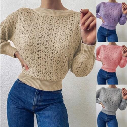 Female Solid Color Hollow Pullover Sweater Harajuku Sexy O Neck Ladies Casual Long Sleeve Casual Autumn Vintage Gothic Crop Top