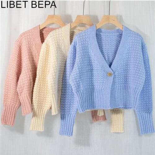 2021 Autumn Winter Womens V-Neck Sexy Cropped Korean Knitwear Knitted Single Button Short Cardigans Lady Pink Sweaters SWC1085