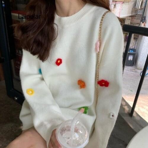 Women Preppy Style Flower Knitted Sweater Loose Round Neck Pullover Kawaii Print Chunky Pullover