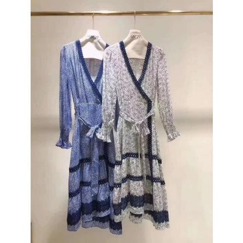 High Quality Runway 2021 Summer New Silk Print V-Neck Flare Sleeves Belt Design Midi Patchwork Dress Holiday Dress