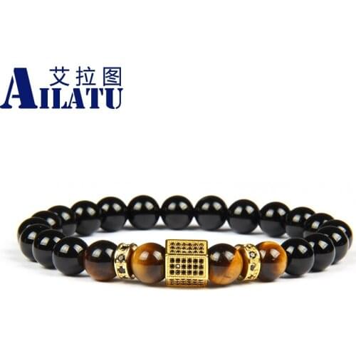 Ailatu Men Luxury Bracelet Micro Pave Black Cz Hexagon Beaded Bracelets with 8mm Natural Black Onyx & Tiger Eye Stone Beads