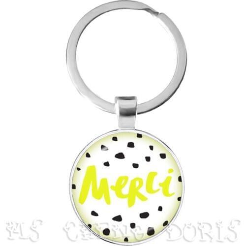 Merci Maitresse Key Chain Bohemian Jewelry Quote Keyring Round Glass Cabochons Supplies Craft Keychain Gift for Women Pendant