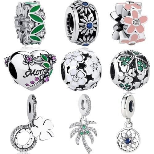 Authentic 925 Sterling Silver Charm Bead Heart Flower Leaf Crystal Charms Fit Original Bracelet Women DIY Jewelry Making