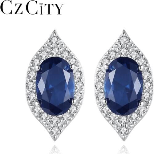CZCITY Eye Shape Stud Earrings for Women Olive Dark Blue Gemstones Real 925 Sterling Silver Fine Jewelry Christmas Gifts SE590