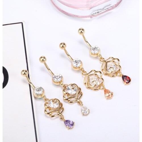Crystal Flowers Zircon sexy Dangle Chain Navel Piercing Rings Belly Button Rings Surgical Steel Body Jewelry Ombligo gold color