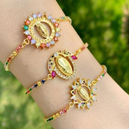 Dainty CZ Rainbow Multicolor Virgin Mary For Women Jewelry Gold Charm Crystal Link AdjustableChristian Bracelet Best Gift 2021