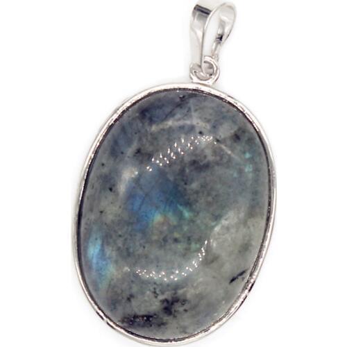 KFT Trendy Silver Plated Natural Healing Crystal Labradorite Oval Stone Pendant Fashion Women Men Jewelry