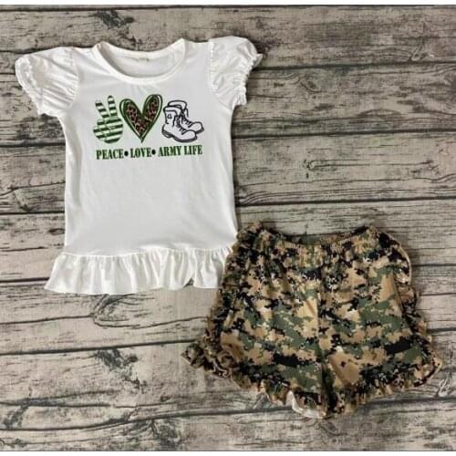 Summer 2 Pieces Set for Baby Girl Peace Love Boots Camo Pattern Ruffles Shorts