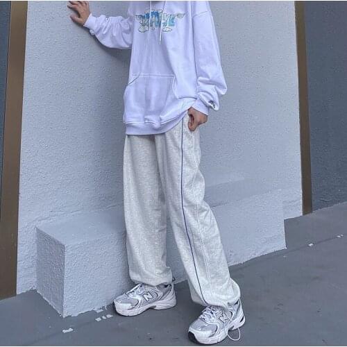2021 Summer Korean Mens and Womens Sports Pants All-match Loose Straight Weaving Striped Legs Casual Wide Leg Pants