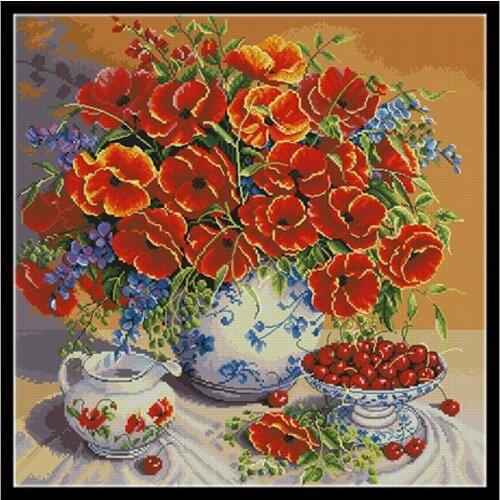 Poppies and cherries patterns Counted Cross Stitch 11CT 14CT 18CT DIY Cross Stitch Kits Embroidery Needlework Sets home decor