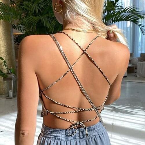 Fashion Sexy Backless Women Top Sexy Printing Irregular Triangle-scarf Halter Lace Vest With Top Bandage Casual Tops Shirt
