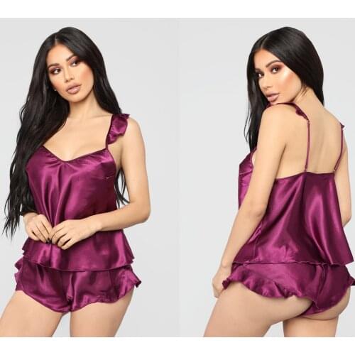 NEW 2020 Womens Satin Silk Pajama Sets Lingerie Ladies Ruffle V-neck Tops Shorts 2Pcs Nightie Nightwear Underwears Clothes Set