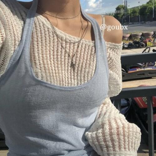 New Summer of 2021 Korean style Blue Vest Condole Top Ladies' Mesh Shoulder Long-sleeved Sweater