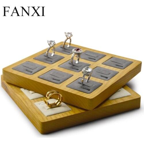 Oirlv Solid wood Cream-white&Dark gray 9 Seats Ring Display Stand Ring Tray with Microfiber insert Ring Holder Jewelry Organizer