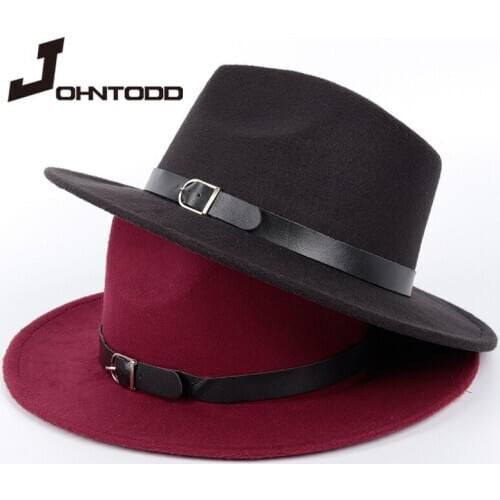 Autumn winter black mens wool fedora hat with wide brim ladies faux wool ladies Fedoras jazz hat with belt hat top hat felt hat