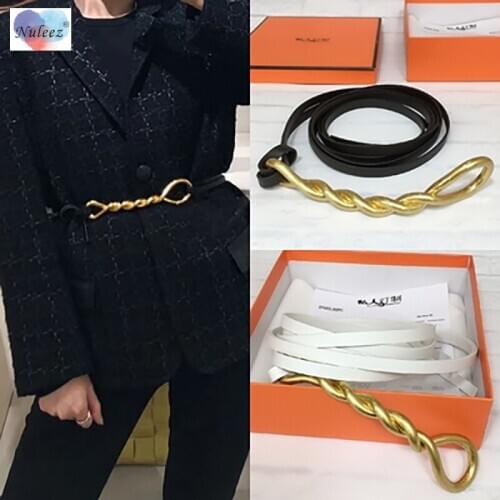 Nuleez Belt Women Fashion Copper Torsional Braid Buckle 1 cm Cattle Hide Luxury Accessory for wearing