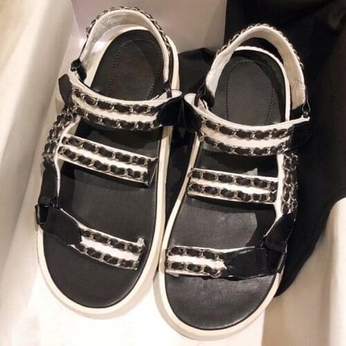 Brand Design Flat Sandals High Quality Hook & Loop Women Shoes Casual Solid Leather Female Sandals With Metal Chain