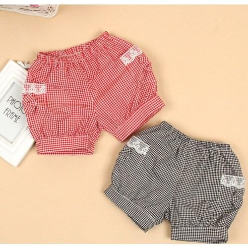 Fashion girls shorts children summer pants with lace decoration kids cotton plaid bloomers baby summer cool bow pocket shorts