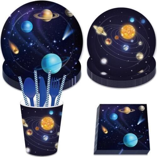 Solor Space Universe Cosmic Planet Dinner Plates Disposable Tableware Sets Kids Baby Shower Happy Birthday Party Decorations