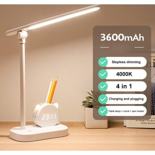 Modern Study LED Office Desk Lamp Touch Dimmable Foldable With Clock Pen Holder Eye Protect Table Reading Light For Kids LAOPAO