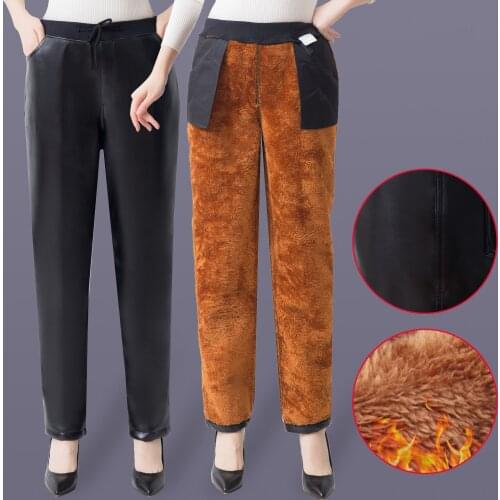 Warm Faux Leather pants for women wear high waist loose thick PU trousers waterproof plus size leather pants woman pants