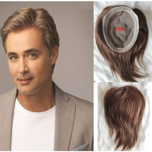 Toupee Skin Mens Toupee Human Hair Pieces for Men Natural Hair Replacement Brown Color Mono Lace Men Toupee 6X8