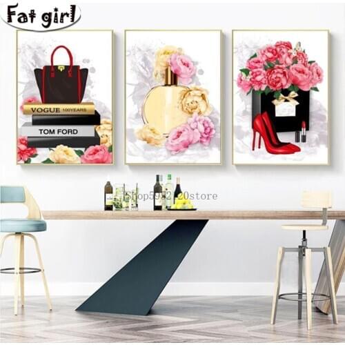 Triptych DIY 5D Diamond Painting Fashion items Perfume lipstick high heels Cross Stitch Embroidery Square Round Drill Needlework