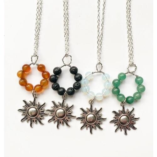 Vintage Tibetan Silver Sun Pendant Necklace Women Jewelry Silver Long Chain Natural Stone Beads Pendant Necklace Jewelry Handmad