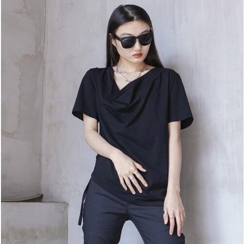 Ladies summer new loose heap collar personality irregular hem hip hop street size short sleeve T-shirt