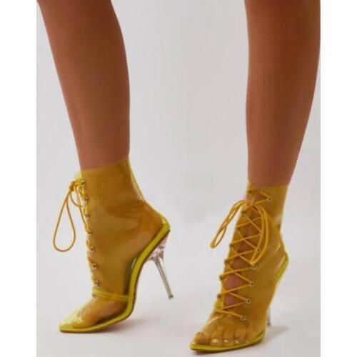 Sestito New Hot Women PVC Transparent Leather Lace-up Ankle Boots Ladies Pointed Toe Thin Transparent High Heels Dress Shoes